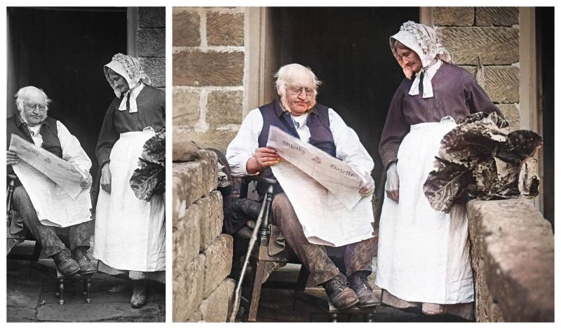 This Frank Meadow Sutcliffe photograph reveals that elderly ladies also wore the traditional bonnet, but in her case, the drawstring ribbon was tied under the chin. The married couple was portrayed – carefully posed – outside their cottage in the nearby village of Glaisdale within the North York Moors around 1900. (Courtesy: Whitby Museum, Photographic Collection, Sutcliffe. B-36, part of the photo). & To the right modern digital colouring of the old glass plate photograph.