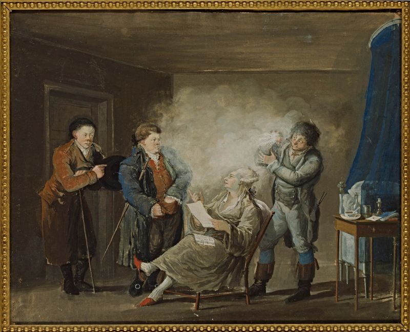This 1790s gouache on paper by Pehr Nordquist (1771-1805) provides a comparable idea of male everyday clothing during the late 18th century, including the powdering of a wig and wearing leather boots, both of which are also mentioned by some of the travelling naturalists in their journals. Furthermore, two of the portrayed men were dressed in warm, long coats and seemed to be on their way outdoors. Even if the artist Nordquist was not part of the Linnaean network and was born somewhat later than the youngest in the chosen group of natural historians, et al., their destinies have similarities. He travelled abroad in 1801 to France and Italy, and sadly died at quite an early age in Naples in 1805, just like several of the so-called Linnaeus Apostles, due to illness in a foreign country. (Courtesy: National Museum, Sweden, NMB 1408. Wikimedia Commons).