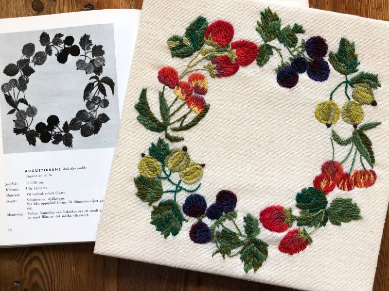 This colourful woollen embroidery on white coarse broadcloth, called “wadmal,” has been stitched with various lengths of satin stitches, “schattersöm,” and stem-stitch, as illustrated in the book ‘Brodera mera,’ published in 1963 by Malmöhusläns Hemslöjdsförening [the Handicraft Organisation of Malmö county]. (Private ownership). Photo and embroidery: Viveka Hansen, The IK Foundation.