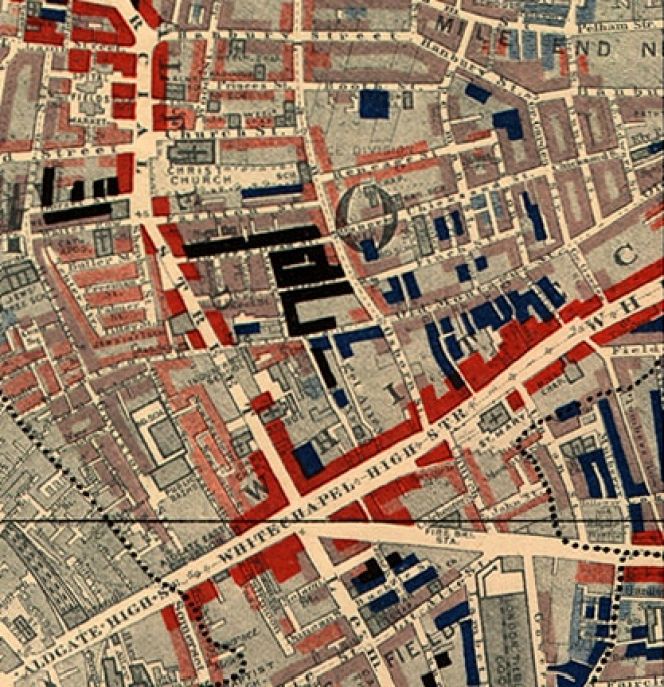 Part of Booth’s map of Whitechapel in 1889. This small detail of the London map illustrates how the  “well-to-do” areas in red were situated very close to the poorest area of them all – the black regarded  as “semi-criminal”. Generally it can be stated that many main roads, like Whitechapel High Street  on this map, had dominantly middle-class to well-to-do inhabitants, whilst the smaller streets and  alleys were a mix of various social classes depending on the area (Public Domain).