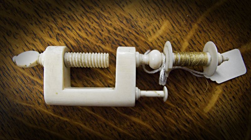 Finally, a silk winder of ivory could help the embroiderer to wind thin silk thread bought in a skein onto a more convenient reel/spool to avoid the expensive thread getting tangled. (Collection: Whitby Museum, Social History Collection, SOH58). Photo: Viveka Hansen, The IK Foundation.