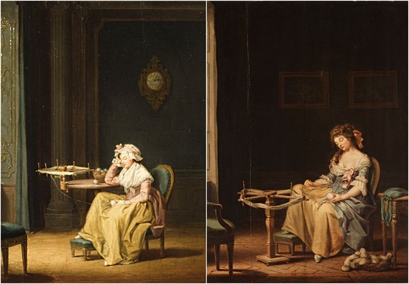 To the left: Circa 1780-90s, undated oil on panel by Pehr Hilleström. | To the right: Oil on panel, by Pehr Hilleström (1732-1816), dated 1st January 1780. (Courtesy: Left: Nationalmuseum, Sweden. NM 2453. Public Domain. | Right: Bukowskis Auction House, unknown present owner. Public Domain).