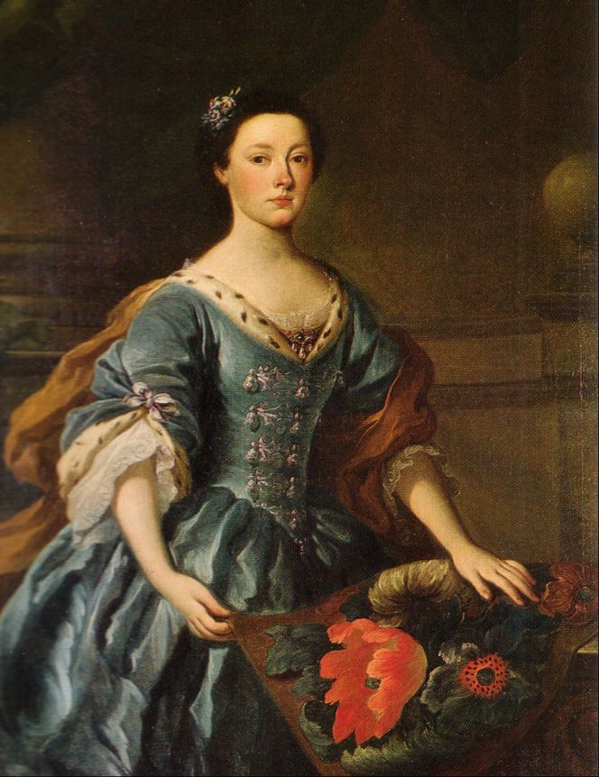 Another enlightening example of handicraft in a wealthy domestic sphere may be studied via this portrait of Jane Allgood (1721-1778) of Nunwick Hall in England. Judging by her age and fashionable silk gown, this portrait of her with a flower embroidered chair cover was painted in her youth, late 1730s to early 1740s. That is to say, contemporary with the studied embroideries at the David Collection, with the difference that this more “free style” embroidery, which depicted tulips and a variation of other flowers had been worked in long-and-short stitch in contrast to the stricter structure of the canvas-work. (Unknown collection, Wikipedia Commons. Public Domain).