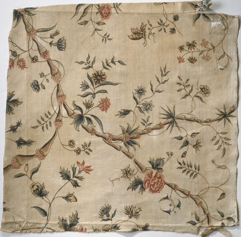 This squared piece of chintz or hand-painted Indian calico is a third example of an 18th century cotton fabric kept at the Nordic Museum, with the bale stamp VEIC at the back, that is to say another historical link to the Honourable East India Company. Judging by earlier folding and cut of corners, it must have been used for upholstering of a small chair and the fabric was carefully removed to be saved, possibly due to its beautiful design. Unknown original owner in Sweden (Courtesy of: The Nordic Museum…NMA.0025613).