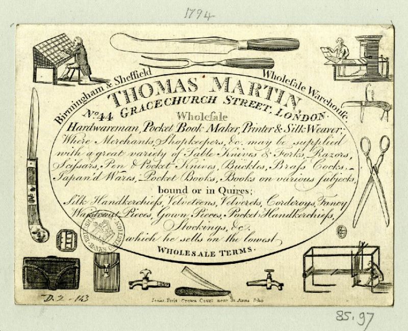 At the end of the century with the growing consumer revolution, larger establishments also became more common. Like this ‘Wholesale Warehouse’ which sold a variety of goods to the lowest prices. Intertwined among several occupations as hardware man, pocket book maker and printer, Thomas Martin was also engaged in silk weaving. Here illustrated and described in detail – among other silks he sold handkerchiefs, gown pieces, stockings and velvets – on this trade card which has been marked with the year 1794 in pencil. (Courtesy of: © Trustees of the British Museum, Trade cards, Banks 85.97. Collection online).  