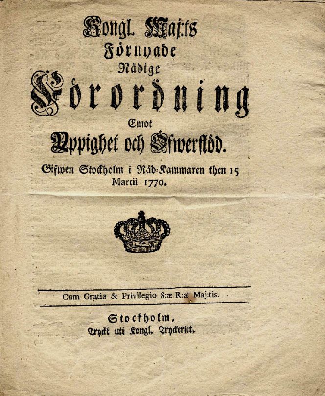 The sumptuary laws reached their peak of severity and extent in 1766 with Kongl. Maj:ts Nådige Förordning Emot Yppighet och Öfwerflöd (His Majesty’s Directive against Luxuriance and Superfluity) in Sweden, which not only wanted to minimise the use of satin, silk, lace and luxury accessories of various kinds among the commoners but also to limit the quantity of cloth used for unnecessary ostentation among the ladies of the aristocracy, pointing out for example that ‘For the prevention of a harmful luxuriance in Ladies’ costumes, all trains on Ladies’ costumes of whatever kind are forbidden as from the 1 January 1767…’. This new restrictions also included ‘silk laces and thread laces’ of wider designs, which was regarded as an unnecessary luxury. The only exemption were ladies making visits at the court, as it in such cases still was possible to wear extensive sleeve ruffles in layers as on the artwork above. Whilst in the sumptuary law of 1770 – front page illustrated – laces were also included in multitude of restrictions linked to men’s clothing: ‘All Male Persons in general are forbidden at a Penalty of one Hundred Rixdollar Silver, the concern of the informer alone, to wear Silk Velvet, and Silk fabrics in Clothing, Lining, by which is meant Coats, Frock-coats, so-called Surcoats, Jackets and Waistcoats; Likewise forbidden at the same Fine are all Galloons and Embroidery in Gold, Silver, Silk or any other kind, except for what officers and the parading Burghers of the town have the right to wear on their Hats and Caps; Also forbidden for Male Persons at the same Fine are Lace and Mountings on Canvas for Cuffs…’ [quotes in translation] (Title page from a Swedish Decree of Luxury. Kongl. Maj:ts…1770). 