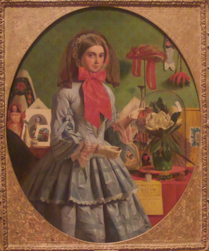 This oil on canvas For Sale dating c. 1855-60 by James Collinson (1825-1881) was included in the  exhibition “From Money to Marriage – Miser’s Purses from the Museum’s Collection” in the  Philadelphia Museum of Art. Even if the painting illustrates a young girl depicted from an English  perspective tempted to buy or trying to sell a miser’s purse as a fashion accessory, also seen as a  token of romantic affection, the same tradition was present in the mid- to late 19th century in the  United States. A fact demonstrated in the exhibition by showing a great variety of this purse model  made in the US; netted cotton with bronze rings and drops, knitted silk ones with steel beads and rings  or crocheted silk variations. Colours chosen were often gradients blending into each other from dark to  light, while the netting, knitting or crocheted techniques made them both durable and flexible for  keeping coins and other small objects of value safe. However this type of fancywork was not necessarily  bought/sold in a shop or charitable fair, it was equally popular for women to make such an ornamental  needlework for themselves (Philadelphia Museum of Art, no. 1986-26-273). Photo: The IK Foundation, London.