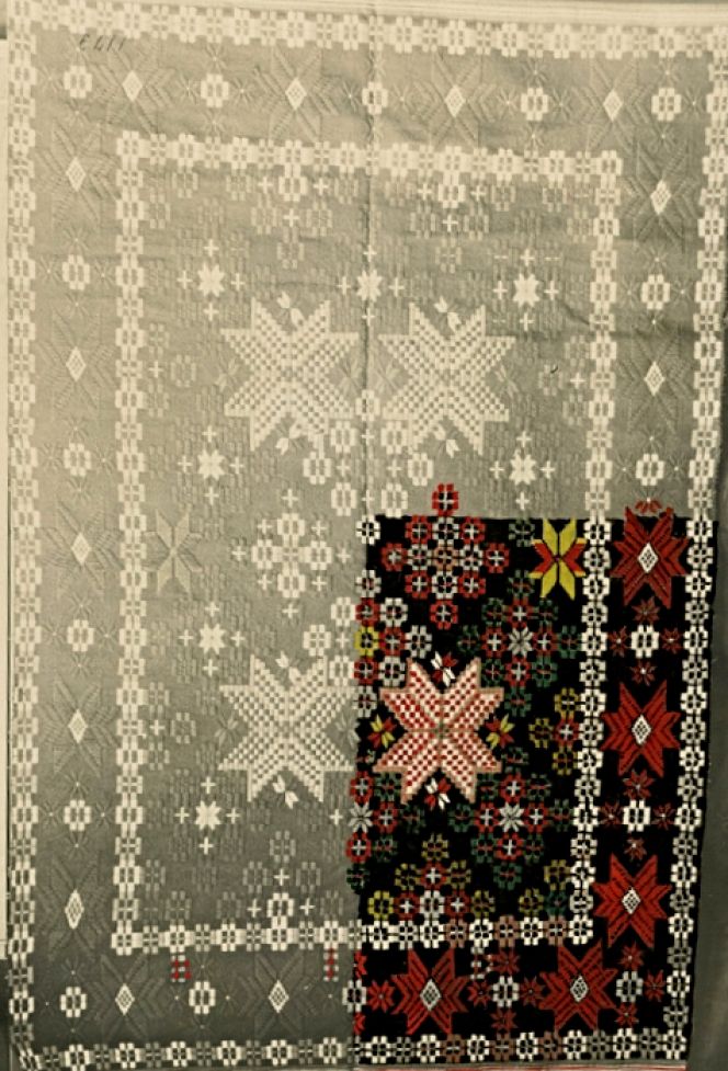 Another almost monumental inventory of the country's people’s textiles in Sweden was made by Lilli Zickerman (1858-1949) from 1910 to 1932; it is today kept at the Nordic Museum in Stockholm. In the form of circa 24,000 written records, sketches, and photographs in black and white, which include many partly hand-coloured pictures. The “munkabälte” technique from the southernmost province, Skåne, was one of many recorded textiles, which is here exemplified with such a bedcover, with a contrasting weft brocaded technique named “opphämta” in the wide framing border. This unidentified handloom weaver demonstrated great attention to detail, despite the added complexity of the two intertwined techniques. The geometric star design measures 120 cm x 185 cm, woven on a linen warp with a woollen weft for the shuttled ground threads and in the brocading weft, picked by hand. The bedcover was made at an unknown date during the 19th century in the village of Södra Åbo, Vemmenhög district, Skåne province. (Courtesy: Hemslöjdens samlingar, HSZ.74-07036. DigitaltMuseum). 