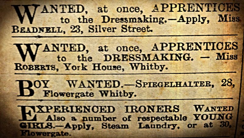 Looking for ‘Ironers’ was relatively uncommon in announcements in the local newspaper Whitby Gazette, but occurred several times in the year 1900. For instance, evident in this advert from the Steam Laundry wanted ‘Experienced Ironers’ and ‘a number of respectable Young Girls’ to work in their laundry business. (Collection: Whitby Museum, Library & Archive, Whitby Gazette 1900, April-June). Photo: Viveka Hansen, The IK Foundation.