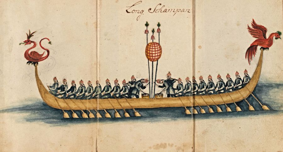 In a final watercolour of local inhabitants in the Canton area, Carl Fredrich von Schantz also made a depiction of a ‘Long Sampan’ in February 1748 – on a boat where all rowers and drummers alike were visibly dressed in indigo blue coats and trousers with a contrasting red hat. (Courtesy: Kungliga Biblioteket… M 292, p. 129).