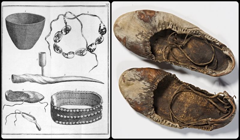 Two primary sources originate from the naturalist Anders Sparrman’s lengthy stay in the Cape region during the 1770s. ’Hottentot shoes’ with straps, are part of the many objects he brought back from the voyage to his home country. This may well be the same pair of shoes that Sparrman described in his journal, ‘...while my feet were set off with Hottentot shoes, made to draw up with strings, of the same kind with those represented in Plate I, Fig. 4’ from the English edition printed in 1786. (Courtesy: Etnografiska museet, Stockholm, Sweden, Sparrman Collection. No. 1799.02.0069 Photo: The IK Foundation, London, United Kingdom). & (Illustration from: Sparrman, Anders, A Voyage to…1786 (Plate I, vol. 1).