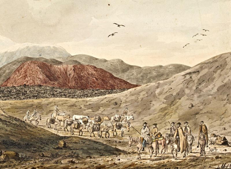 Depiction of the 1772 expedition to Iceland – with Joseph Banks, Daniel Solander, et al. – as they journeyed towards the volcano Hekla. Visiting and documenting volcanic activity, particularly at Hekla, became the expedition's primary scientific goal. This is one of the watercolours created by one of the accompanying artists, John Cleveley the Younger (1747-1786). Several Icelandic manuscxxxripts and pieces of literature were also brought back by the expedition. Uno von Troil (1746-1803) depicted their journey through the literary work “Letters on Iceland,” published in 1777; it is the only documentation, including drawings of various events, of the expedition that was published. The literary work gained attention quite quickly and was translated into several languages. (Courtesy: The British Library BL Add MS. 15511, f.48, part of).