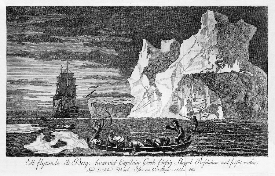 ‘A floating iceberg where Cook provided his ship Resolution with fresh water. Latitude 61° south and 42° east of the Cape of Good Hope’, which clearly shows how the crew were dressed while sailing through icy cold waters. (From: Anders Sparrman’s travel journal published in 1802).