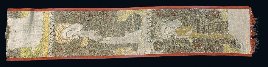 Fragmented piece of a cope dating from the early 16th century  – including a Continental figure embroidery in silk, metallic threads  and a silk fringe. Photo: The IK Foundation, London.