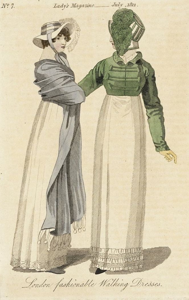 Two ladies in “London fashionable Walking Dresses”– Lady’s Magazine in  July, 1812. (Wikipedia: Public Domain).