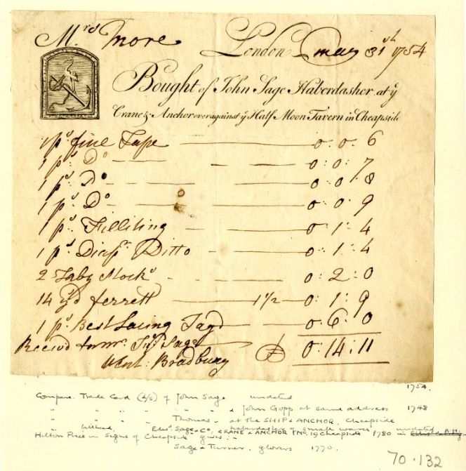 Here an example of an ordinary receipt/bill-head from a haberdasher – May 31st in 1754. As on this preserved document, most hand-written notes from haberdashers list quite modest sums. Courtesy of: © Trustees of the British Museum, Trade card, Heal 70.132. (Collection online).