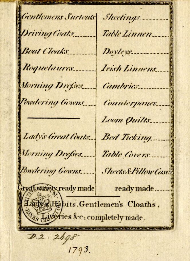 One of the trade-cards lacking information about geographical location, but instead gives a list of various goods for sale in 1793. Courtesy of: © Trustees of the British Museum, Banks Collection, no. 80.18 (Collection online).