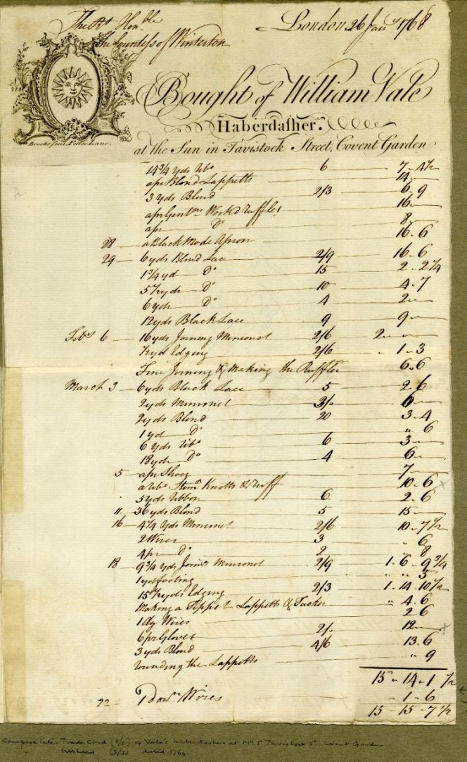Rare exceptions to the modest sums also exist in this collection. As on this bill-head from haberdasher William Vale dating January 26th 1768, adding up to the considerable amount of more than £15. Courtesy of: © Trustees of the British Museum, Trade cards, Heal 70.173. (Collection online).