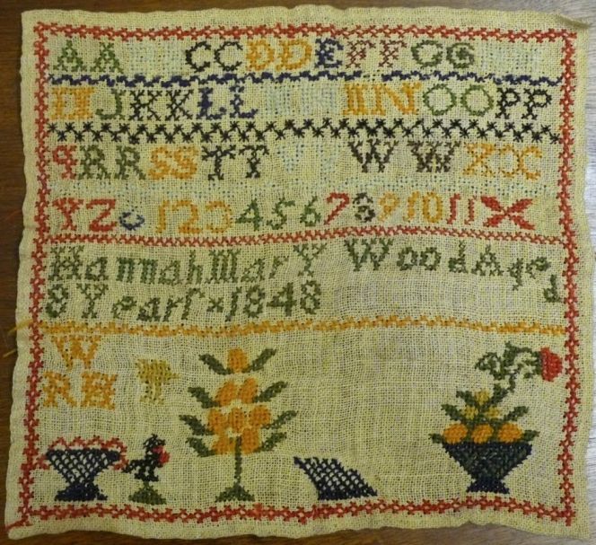 This sampler from 1848 was embroidered with wool on linen fabric by an eight year old girl, it is a clear example of how a textile with a variation of colours can with certainty be dated before the introduction of chemical dyes. The majority of these colours – with exception of the indigo blue – was most probably prepared with alum as a mordant before or during the natural dyeing process. (Owner: Whitby Museum, Sampler Collection). Photo: The IK Foundation, London.