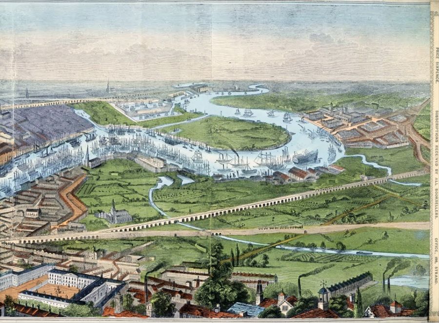 Panorama of London and the River Thames 1845-50. Coloured engraving, Illustrated London News. (Courtesy of: Museum of London, Google Art Project).