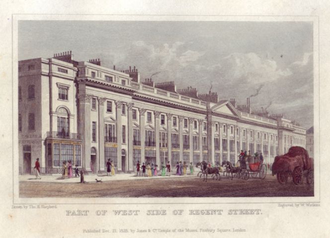 This street view of the west side of Regent Street shows a somewhat earlier depiction of the possibilities for  shopping and the wide pavements – observed by Bager – which as well made it possible for prospective  lady customers to comfortably walk up and down the street without soiling their delicate dresses.  (Illustration by Thomas Shepherd, engraved by W. Watkins in 1828).