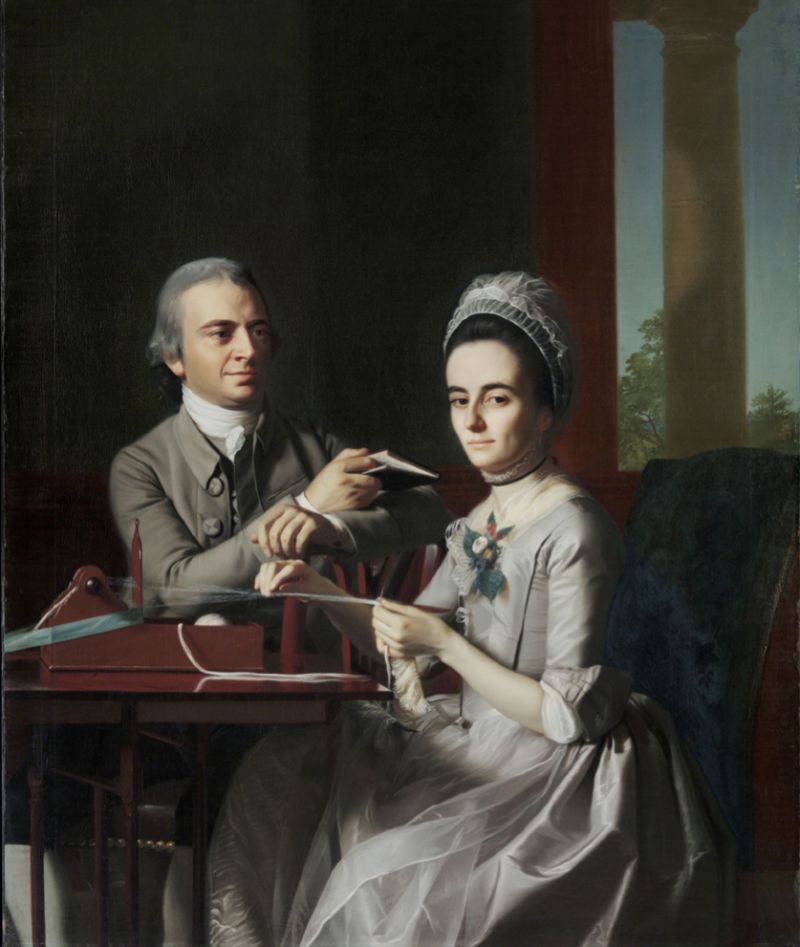 Portrait of Mr and Mrs Thomas Mifflin (Sarah Morris) by John Singleton Copley. The Mifflin couple were Philadelphians, sitting for this portrait with “the tape loom” in Boston, Massachusetts in 1773. Because of their long journey between the two cities (c. 500 km) the loom was probably not Sarah’s own, but instead added for a purpose in the picture. The museum website information emphasises here: ‘Sarah’s handwork may symbolise the couple’s patriotic endorsement of the nonimportation agreements signed by American colonists resolved to boycott English goods’. The painting is also important evidence for that this type of loom was used in more than Pennsylvania in the 1770s, pointing at that the practise of weaving in such a loom already by now had been a widespread tradition in the American colonies for many years. It is also of interest to note that the depicted Sarah holds the warp threads/ribbon in exactly the same way as the weaver does more than 240 years later during the summer of 2014 in Philadelphia, on the image below! Courtesy of: Philadelphia Museum of Art, US.