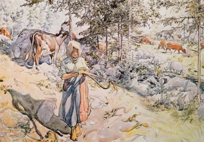 Girl weaving a ribbon in a type of rigid heddle loom in Dalarna, Sweden. It was probably the norm to sit down during the weaving, however with specially made tools as here depicted in 1905 it was possible to walk and combine the ribbon weaving with other tasks. (Artist: Carl Larsson (1853-1919), coloured lithograph in Public Domain).