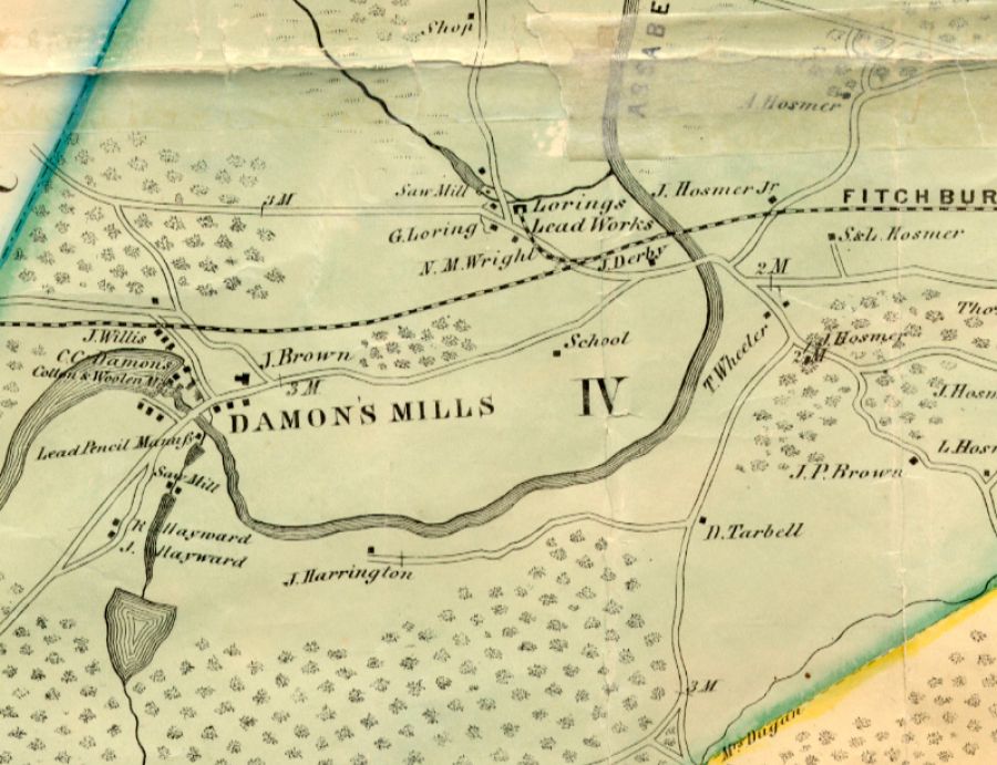 A section of the Concord “Walling Map” from 1852 illustrating the Damon Mill, which was at the time owned by Calvin Carver Damon. Two years later the running of the cotton mill was handed over to his son Edward Carver Damon whose daily work and dedication among other facts are described at the Concord Museum’s History gallery: ‘…made him the town’s largest employer, with as many as 175 workers… Damon was deeply involved in community life. He served on town committees, attended the lyceum, and became a friend of Emerson and Thoreau’. Further more the mill was in his ownership up to 1898 and this textile manufacturing was recognised in particular for a wool-cotton like flannel cloth invented by his father. It can also be noted from research by the Public Free Library that a fulling mill was situated at the same ideal riverside location, long before cotton spinning was introduced here in the early 19th century. Courtesy of map: Concord Public Free Library, Concord, Massachusetts, U.S.
