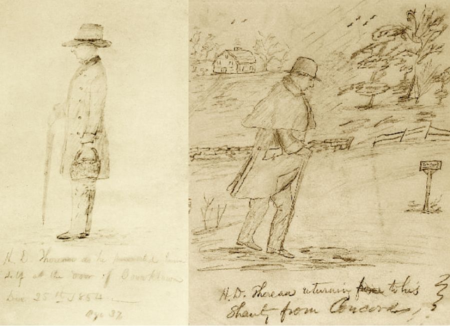 Two separate sketches in pencil on paper by Daniel Ricketson depicting Henry David Thoreau; in close detail showing his style of dress on two occasions. To the left: Thoreau at the age of 37, with the exact dating – December 25, 1854 – dressed in practical and warm clothing also including his umbrella, possibly the same which was mentioned being of ‘cotton cloth’ in his Journal on December 6, 1859 (please see quote above). To the right: This sketch is undated, but includes an informative text ‘H.D. Thoreau returning to his Shant from Concord’. Even here the clothing is warm and practical, observe the cape-like addition to his coat. Courtesy of: New Bedford Whaling Museum, Massachusetts, U.S (Daniel Ricketson’s sketchbook, 00.210).