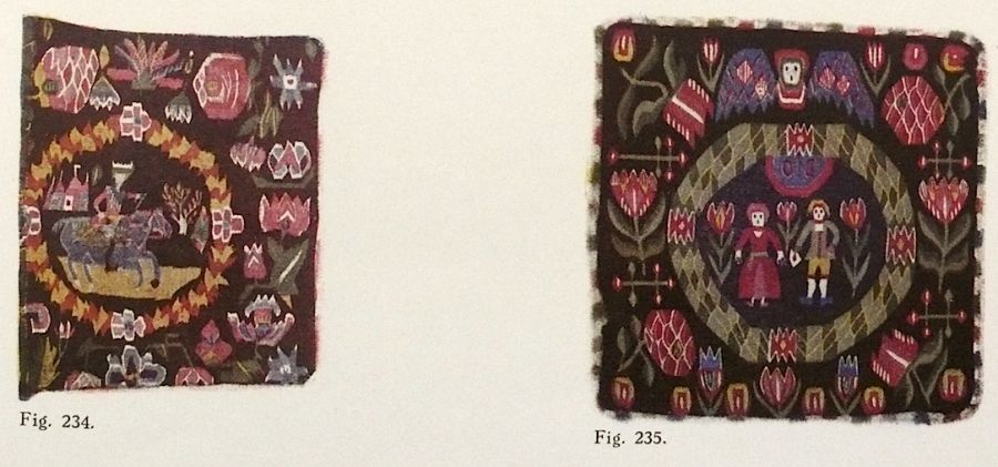 Here the almost identical flamskväv cushion, included together with other designs from the Torna district in the inventory, included in the publication of textiles in 1916 (Gammal Allmogeslöjd… Plate: 235).