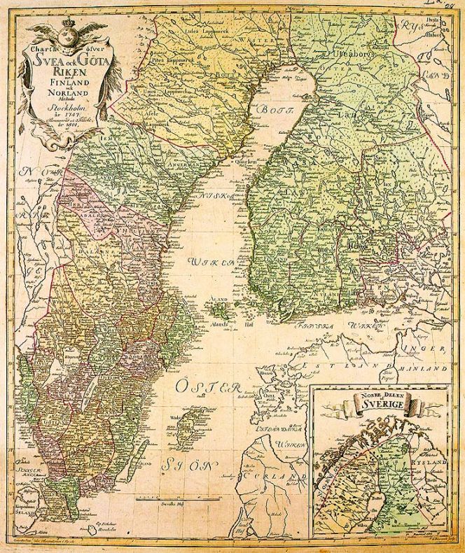 ‘A map of Sweden and Finland in 1747’ which gives a good overview of all provinces, where in most areas, some type of pile weaves were produced over the 250-year period. | Åkerland, E. & Biurman, Georg. Published: 1801. (Courtesy of: Helsinki University Library, Wikimedia Commons). 