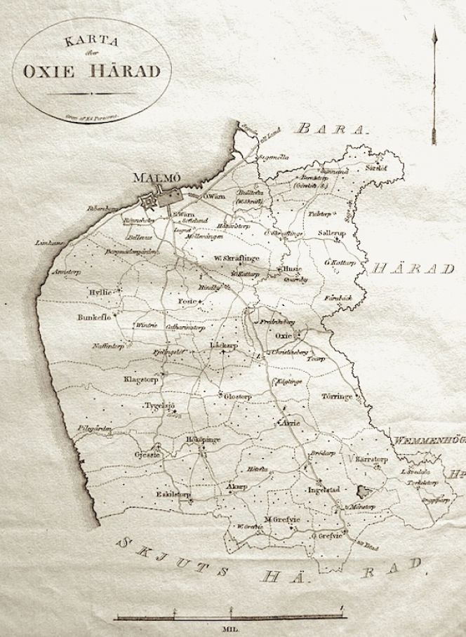 Undated map – probably first half of the 19th century – depicting Oxie district in  southernmost Sweden. (Owner: private). Photo: The IK Foundation, London.