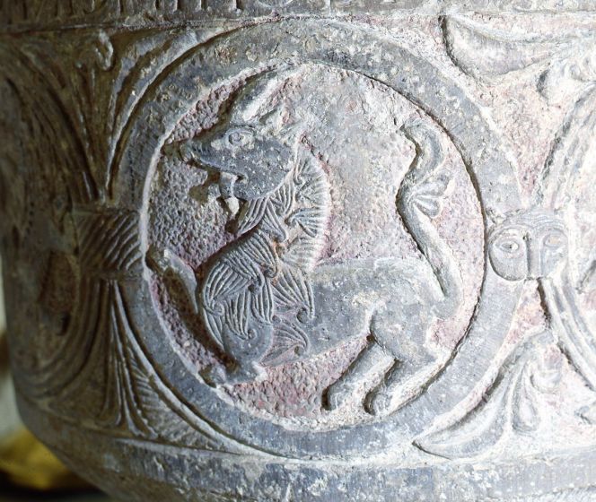 The lion within the medallion-like frame was already well known in Scandinavia during the early medieval period, here depicted on a stone relief on the font of Dalby church in Skåne, Sweden. Which is believed to be the oldest preserved stone church in Scandinavia (11th century). Photo: The IK Foundation, London.