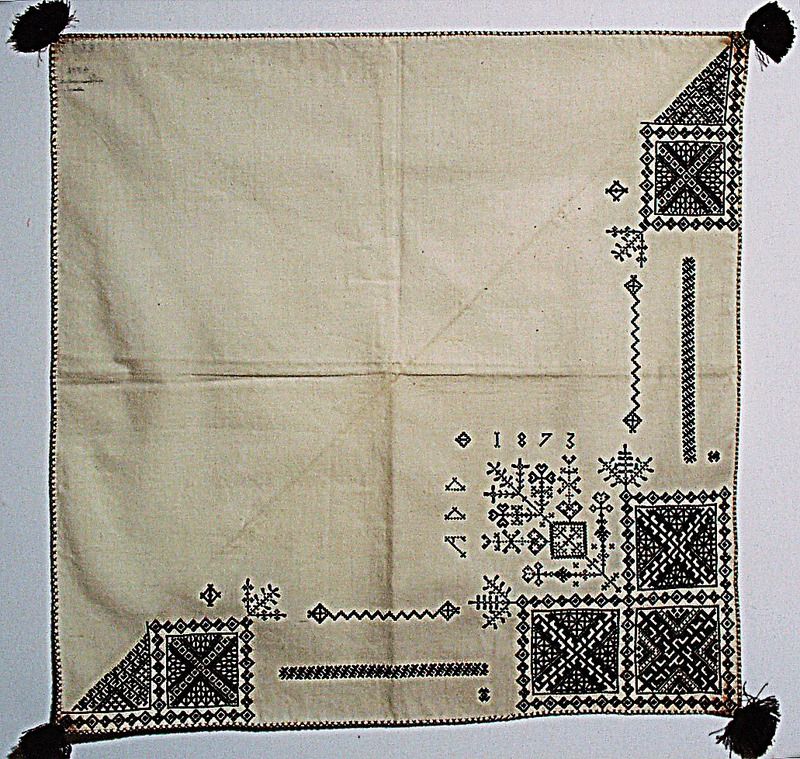 Embroidered neckerchief in blackwork “svartstick” with black silk on cotton, marked ‘ADD 1873’ by Anna Danielsdotter, 24 years old from the village of Tible, Leksand parish, Dalarna, Sweden. (Courtesy of: Nordic Museum, Stockholm, NM.0004304, Creative Commons).