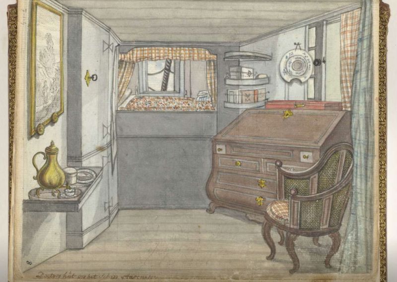 This detailed watercolour by Jan Brandes, depicts the surgeon’s cabin on the Dutch East India Company ship Stavenisse ca 1778-87. The Linnaeus’ apostle Carl Peter Thunberg travelled as ship’s surgeon on the very same ship from Japan in 1776, and noted in his journal on November 23rd: ‘I bade farewell to the island of Dezima, and sailed to the Admiral’s ship Stavenisse, which rode at anchor off Papenberg.’ It is interesting to notice that the box bed was built in by the porthole – to take advantage of the fresh breeze on the partly hot journeys. A multicoloured bedcover, checked bed curtains, linen sheets and a pillow/s were part of the comfort during the long sailing. (Courtesy of: Rijksmuseum, Amsterdam, The Netherlands, Album van Jan Brandes, deel 1. NG-1985-7-1-4).