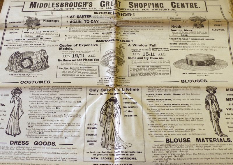 As in many magazines and newspapers of the early 20th century, the weekly Whitby Gazette included a regular column on Fashion in the period 1900-1914 at the same time as the advertisement for fashion and clothing in the paper increased in size. Department stores in nearby Middlesborough were for example frequently announcing their up-to-date fashions – often aiming at families with modest incomes – with slogans such as ‘Copies of Expensive Models’ (Collection: Whitby Gazette, May 14th, 1909, Whitby Museum, Library). Photo: Viveka Hansen.