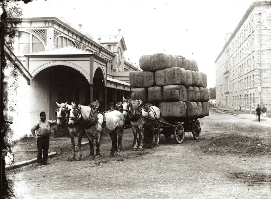 This somewhat later photograph (c. 1900) demonstrates how the heavy wool bales were transported in Australia, most probably on its way to a warehouse/ship heading for Europe. However, wooden wool presses forming and packing the wool as compact as possible were already in use during the second half of the 19th century. (Courtesy of: Tyrrell Photographic Collection, Wikimedia Commons).