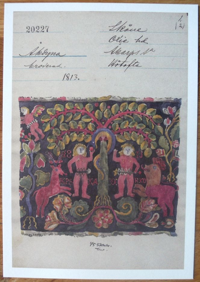 The same woollen embroidery is also used for one of the Nordic Museum’s postcards. This particular  depiction is taken from an early 20th century catalogue card showing the object’s historical  provenience and a beautifully made watercolour by Emelie von Walterstorff.  [Photo Nordiska Museet]: postcard purchased at the Nordic Museum in 2013.
